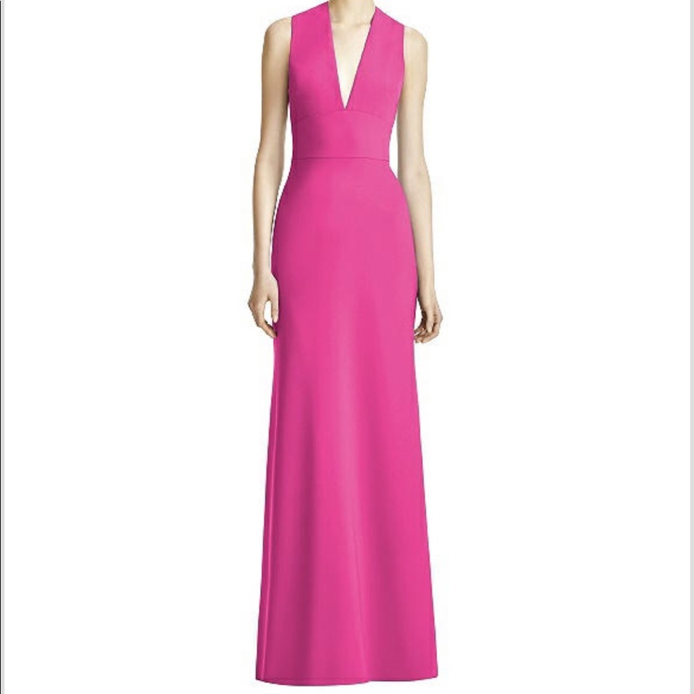 Lela Rose v neck long formal dress in fuchsia